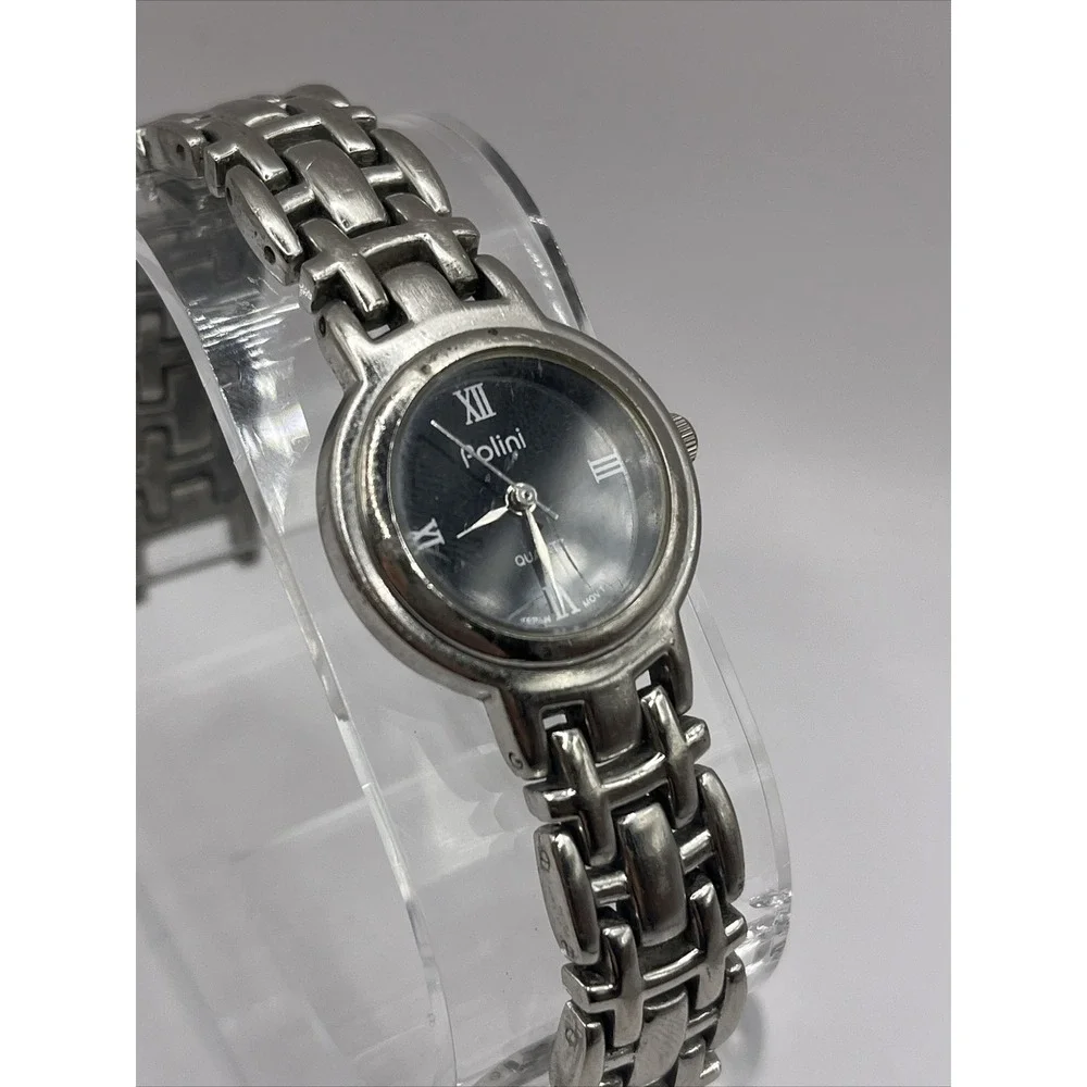 Polini‎ Women's Quartz Watch Silver Tone Band Black Dial- New Battery